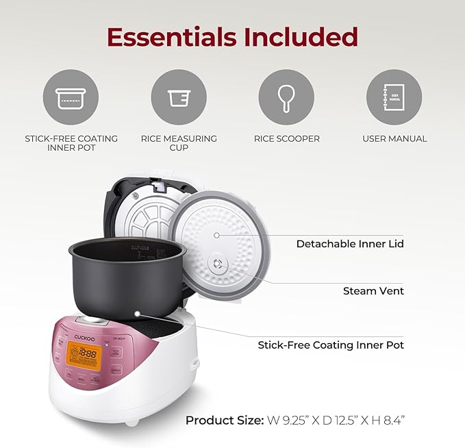 CUCKOO CR-0631F 6-Cup (Uncooked) / 12-Cup (Cooked) Micom Rice Cooker with Nonstick Inner Pot, 7 Menu Modes, LCD Display, Fuzzy Logic Tech, Auto Clean (White/Pink)
