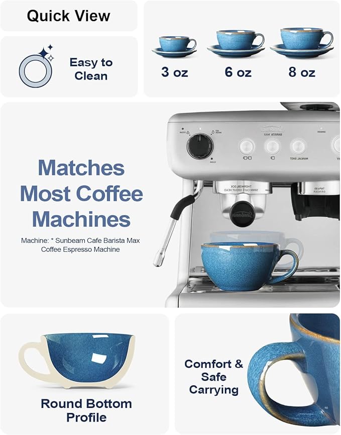 LE TAUCI 6 oz Cappuccino Cups with Saucers, Ceramic Coffee Cup for Au Lait, Double shot, Latte, Cafe Mocha, Tea - Set of 4, Ceylon Blue