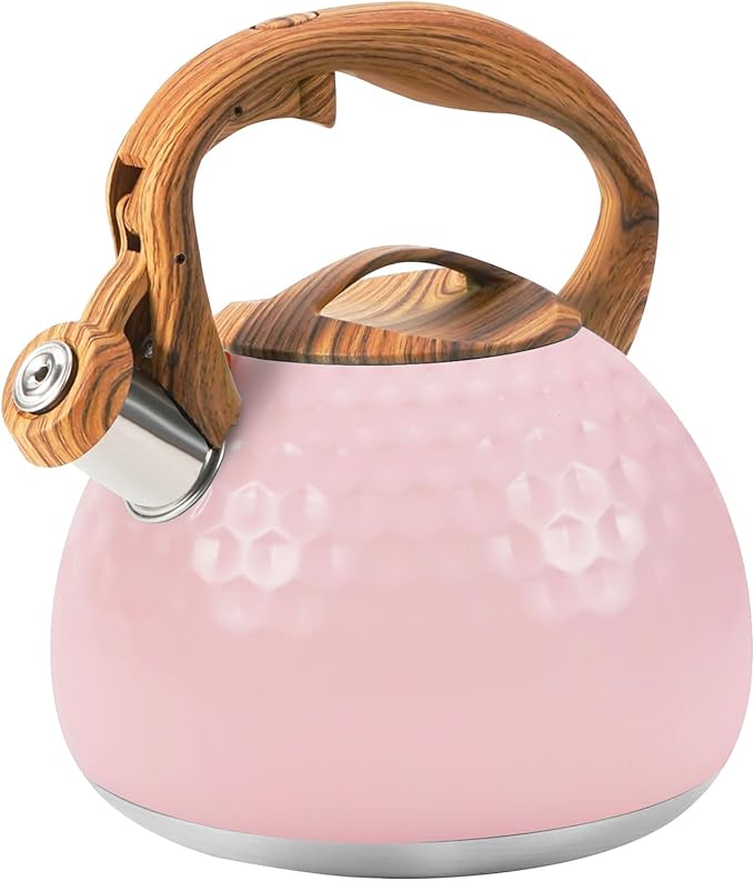 Whistling Tea Kettle,3.2Qt Stainless Steel Stove Kettle, Food Grade Teapot with Wood Pattern Handle for Coffee, Milk etc, Gas Electric Applicable (Pink)