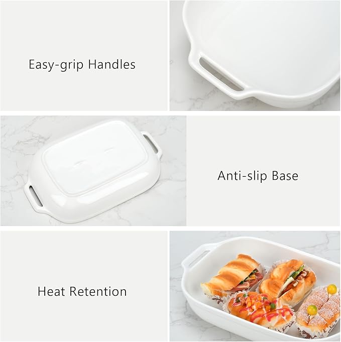 Casserole Dishes for Oven, 12 inch Ceramic Baking Dish Rectangular Lasagna Pan with Handles Ceramic Bakeware Porcelain Baking Pan Microwave and Oven Safe (White)