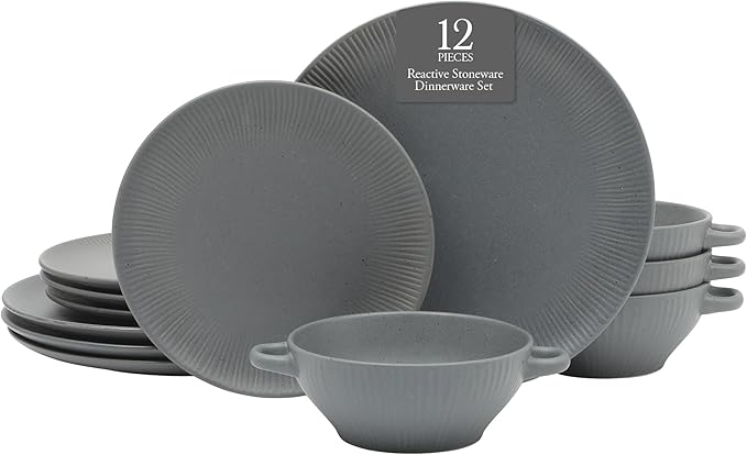 Gibson Elite Clover Hill 12-Piece Stoneware Dinnerware Set – Dark Blue Embossed Plates and Bowls with Matte Speckled Reactive Glaze, Service for 4 – Microwave & Dishwasher Safe