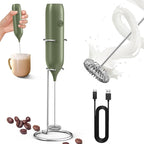 CIRCLE JOY Rechargeable Milk Frother Handheld with Stand, Coffee Frother Wand Drink Mixer with Dual Spring Whisk for Coffee, Cappuccino, Lattes, Frappe, Matcha and Hot Chocolate, Green