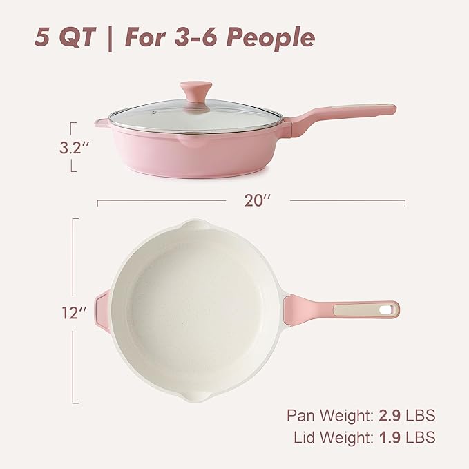 SENSARTE Nonstick Skillet with Lid 12-inch, 5QT Ceramic Deep Frying Pan, Non Toxic Saute Pan with Lid, Stay-cool Handle, Healthy Cooking Pot, Induction Compatible, Sakura Pink