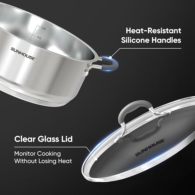 Sunhouse - 5.5 Quarts Steamer Pots With Lid 2-Tier Multipurpose Stainless Steel Steaming Pot Cookware For Vegetable, Dumpling, Sauce, Food - Triple Bottom, Measurement Line