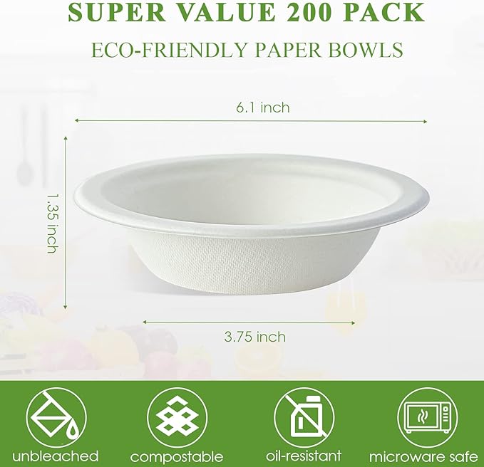 Vplus 200 Pack 12 OZ Paper Bowls, Disposable Compostable Bulk, Eco-friendly Bagasse, Heavy-duty Bowls Perfect for Milk Cereals, Snacks, Salads