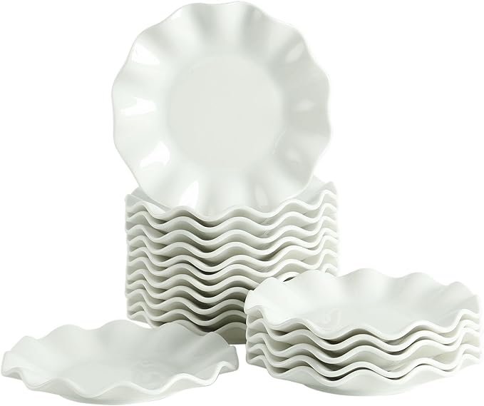 OMAYKEY 6 Inch Ceramic Dessert Plates Set of 18, Small Salad Plates, Porcelain Wave Rim Dinner Plates, Mini Appetizer Plates for Cake Waffles Snacks Side Dish, Oven Microwave Dishwasher Safe, White