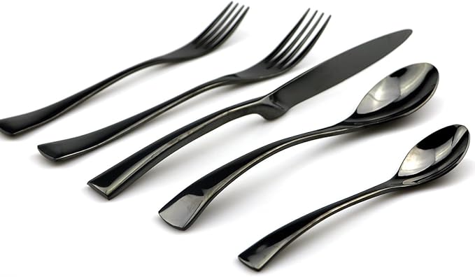 JASHII 18/10 Stainless Steel 20 Piece Mirror Polished Black Flatware Set,Dinner Knife Fork Salad Fork Dessert Spoon Coffee Spoon，Service for 4 ，Black Utensil Sets