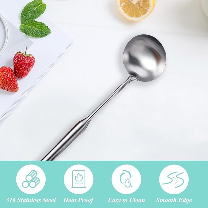 Soup Ladle, Metal 316 Stainless Steel Kitchen Ladles Spoon, Large Cooking Ladel Kitchen Utensil Long Handle Deep Spoons for Soup Stirring Serving