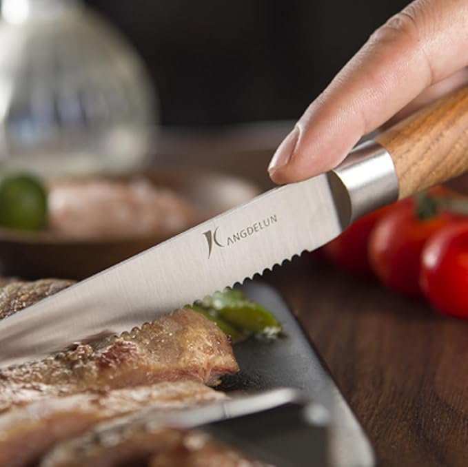 Natura Series 4.5” Serrated Steak Knife Set of 6, High Carbon Stainless Steel, Wooden Handle