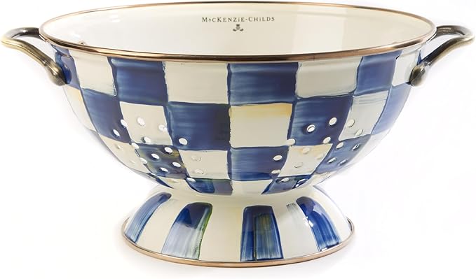 MACKENZIE-CHILDS Enamel Colander, Decorative Kitchen Strainer, Large, Blue-and-White Royal Check