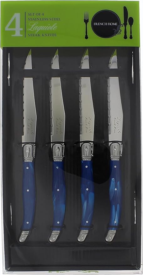 French Home Laguiole 4-Piece Steak Knife Set – Sophisticated Stainless Steel Dinner Knives with Blue Marble Handles & Iconic Bee Emblem – Serrated Knives for Smooth Cutting (9.25")