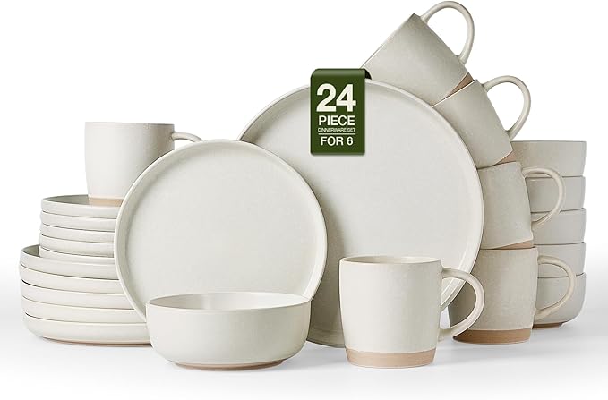 Famiware Milkyway Stoneware Dinnerware Sets with Mugs, Service for 6 (24 Pieces), Reactive Glaze Plates and Bowls Sets, Microwave and Dishwasher Safe Dishes Set, Matte Beige White