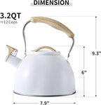 LONFFERY Tea Kettle for Stove Top, 3.2 Quart Whistling Tea Kettle, Food Grade Stainless Steel and Wood Pattern Folding Handle, White