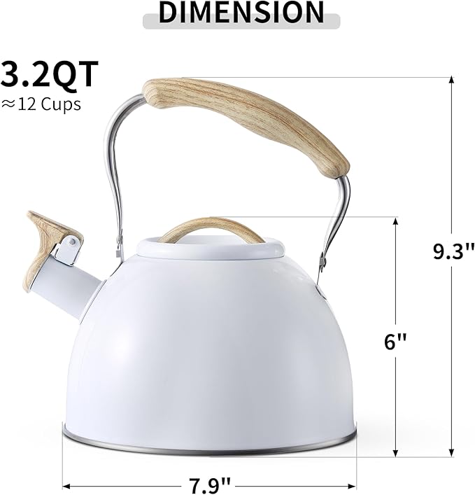 LONFFERY Tea Kettle for Stove Top, 3.2 Quart Whistling Tea Kettle, Food Grade Stainless Steel and Wood Pattern Folding Handle, White