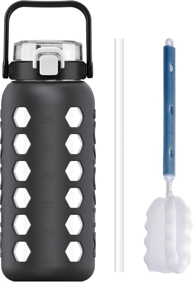 MUKOKO Half Gallon/64 oz Glass Water Bottles with Straw and Lid,Motivational Water Jug with Time Marker Reminder and Silicone Sleeve,100% Leakproof BPA Free Fitness Sports Large Bottle-Grey