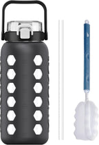 MUKOKO Half Gallon/64 oz Glass Water Bottles with Straw and Lid,Motivational Water Jug with Time Marker Reminder and Silicone Sleeve,100% Leakproof BPA Free Fitness Sports Large Bottle-Grey