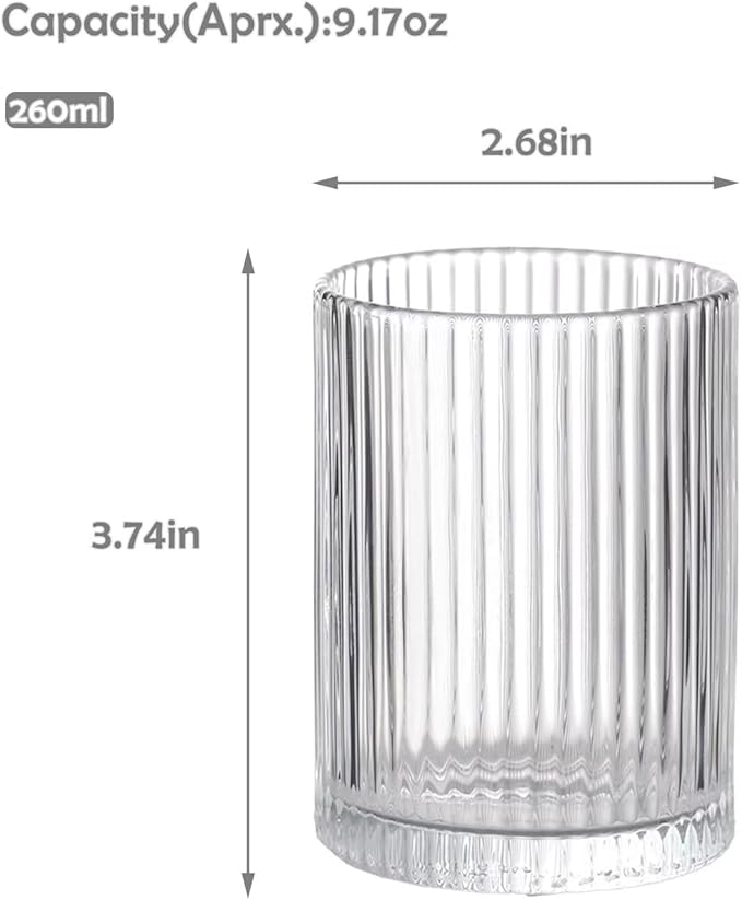 WHJY Ribbed Glassware Highball Glasses Unique Everyday Drinking Glasses Short Glasses Cups Set of 4 for Cocktail, Whiskey, Beer, Juice - 8.8oz 3.7"