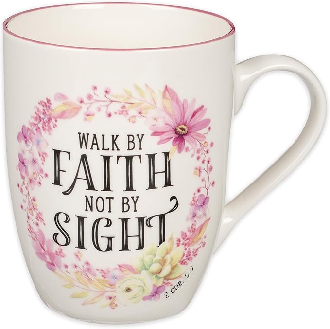Christian Art Gifts Inspirational Scripture Ceramic Coffee & Tea Mug for Women: Walk by Faith Encouraging Bible Verse Cup, Microwave & Dishwasher Safe, Lead-free, White & Pink Floral Wreath, 12 oz.