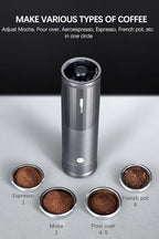 Electric Coffee Grinders, Portable Burr Grinder Capacity 50g w/Magnetic Cover,External Adjustable Setting, Aluminum Alloy Body, 800mAh Battery(Stand not Included) Gray