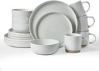 Famiware Milkyway Stoneware Dinnerware Sets with Mugs, Service for 4 (16pcs), Plates and Bowls Sets, Scratch Resistant, Microwave and Dishwasher Safe Dishes Set, Light Gray