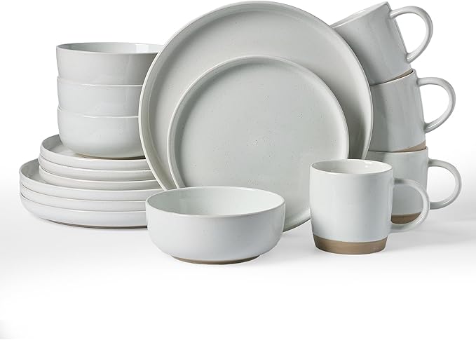 Famiware Milkyway Stoneware Dinnerware Sets with Mugs, Service for 4 (16pcs), Plates and Bowls Sets, Scratch Resistant, Microwave and Dishwasher Safe Dishes Set, Light Gray