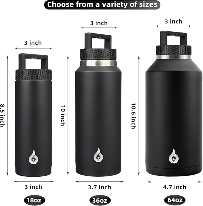 BJPKPK Insulated Water Bottles, Dishwasher Safe 18 oz Water Bottle with Handle, Leakproof BPA Free Water Jug, Stainless Steel Thermos for Sports, Black