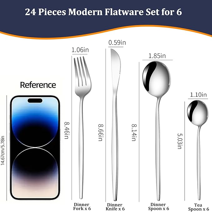 24 Pcs Silverware Set for 6,Stainless Steel Cutlery Flatware Set, Durable Eating Utensils Set Included Knives Spoons and Forks Set,Mirror Polished Tableware For Home,Restaurant,Dishwasher Safe