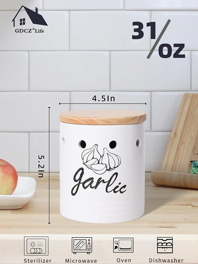 Large Garlic Keeper with Wood Lid, Ceramic Garlic Container for Counter,Garlic Saver to Keep Your Garlic Cloves Fresh Longer, 31 oz White