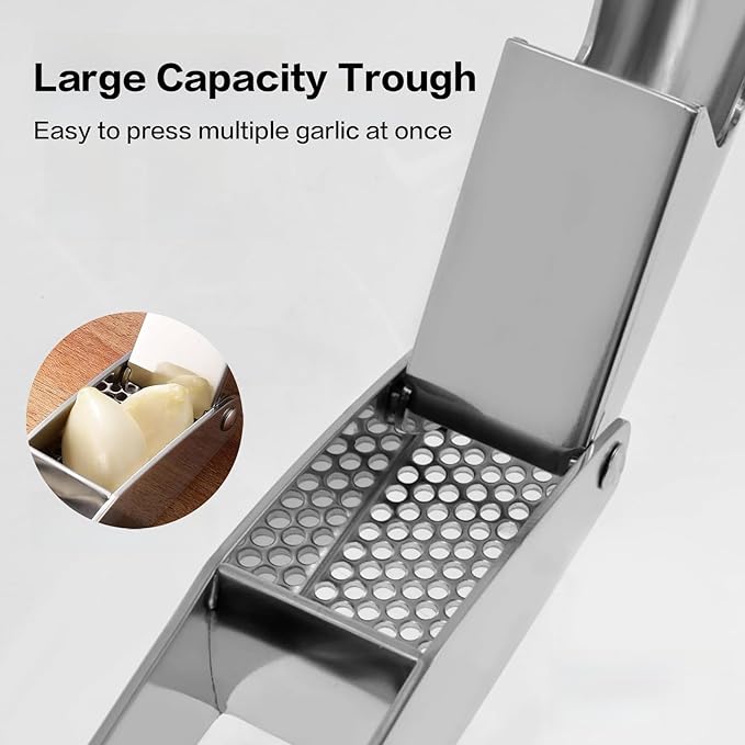 Garlic Press Stainless Steel, Easy Cleaning Kitchen Garlic Mincer & Crusher with Garlic Peeler Tube and Scraper, Heavy Duty Metal Ginger Press, Easy Squeeze, Dishwasher Safe