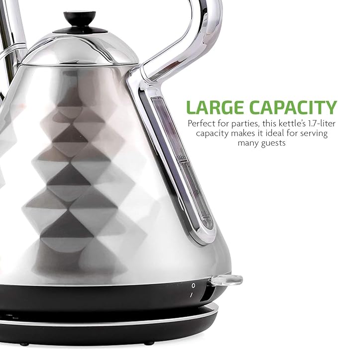OVENTE Retro Electric Kettle, 1.7L Stainless Steel Tea Kettle, 1500W Fast Heating Hot Water Boiler with LED Indicator Light, Auto Shut-Off & Boil-Dry Protection, BPA-Free Teapot, Silver KS755BR