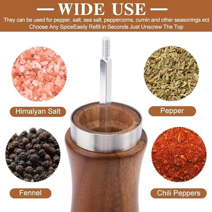 Salt and Pepper Grinder Set, Acacia Wood Salt Shaker with Ceramic/Stainless Steel Core, Modern and Elegant Wooden Salt and Pepper Set(2 Pack) 8 Inches Each