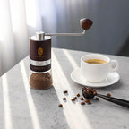 Premium Manual Burr Coffee Grinder - Made with real Beechwood; Hand Coffee Grinder with Stainless Steel Burr Mill; Extra-Fine to Coarse Coffee & Espresso Burr Grinder (Dark Brown)