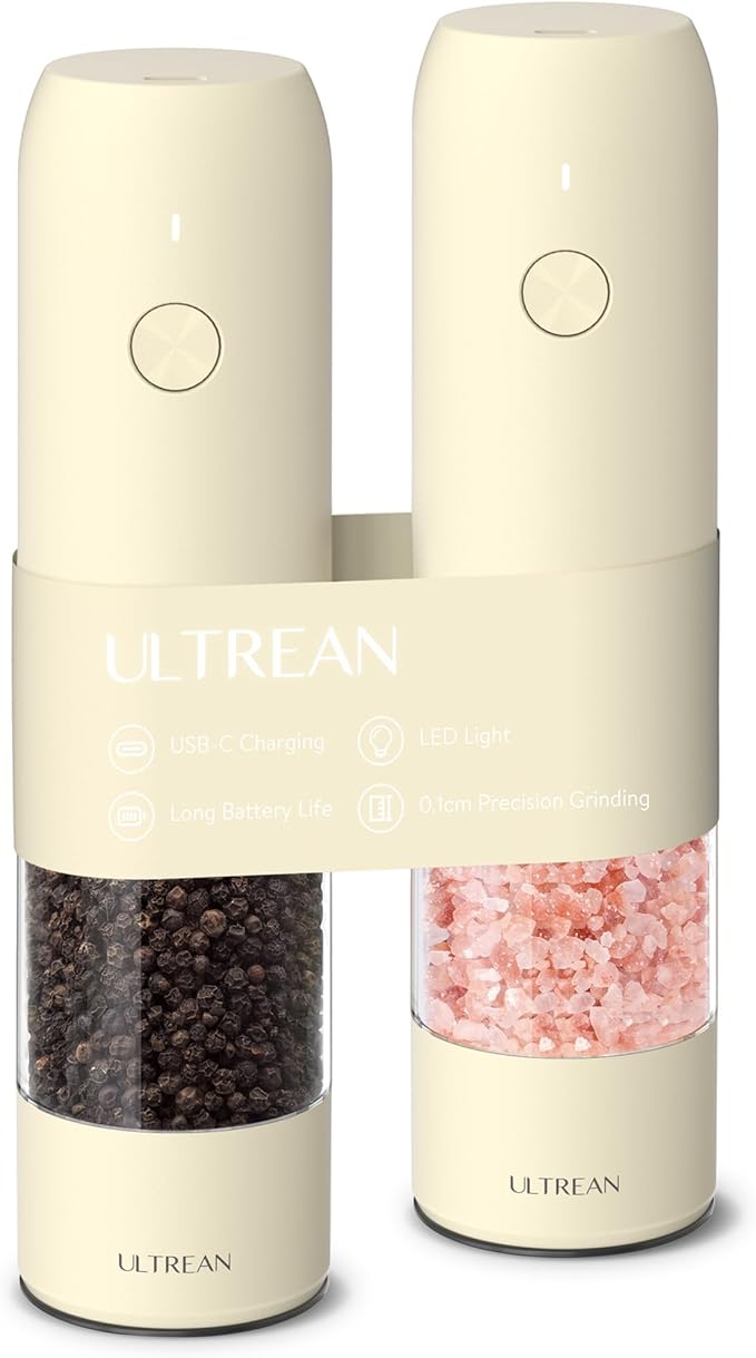 Ultrean Electric Pepper Grinder, Rechargeable Salt and Pepper Grinder with 6 Adjustable Coarseness, LED Light, One-Hand Automatic Operation, Cream