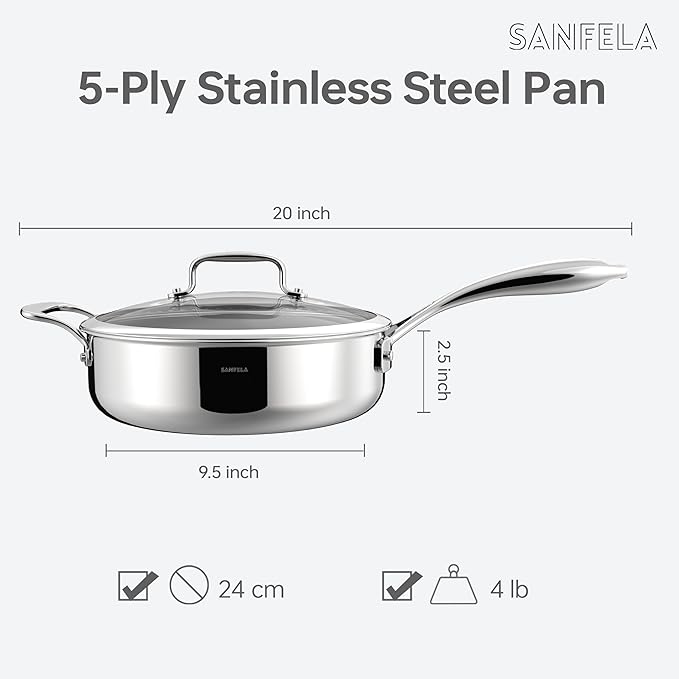 2.8 QT 5-Ply Stainless Steel Saute Pan with Lid, Compatible with All Cooktops, Dishwasher Safe