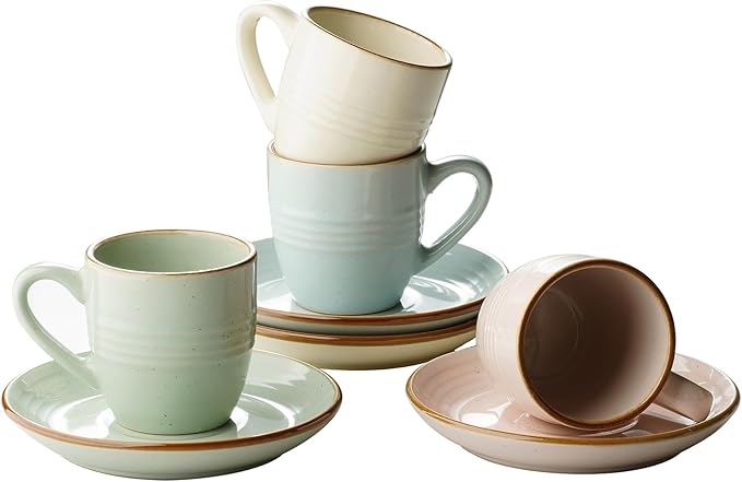 famiware Jupiter Espresso Cups and Saucers Set of 4, 3 oz Ceramic Small Coffee Mug with Handle, Spiral Stoneware Demitasse Cup for Tea, Latte, Cafe - Microwave & Dishwasher Safe, Multi-color