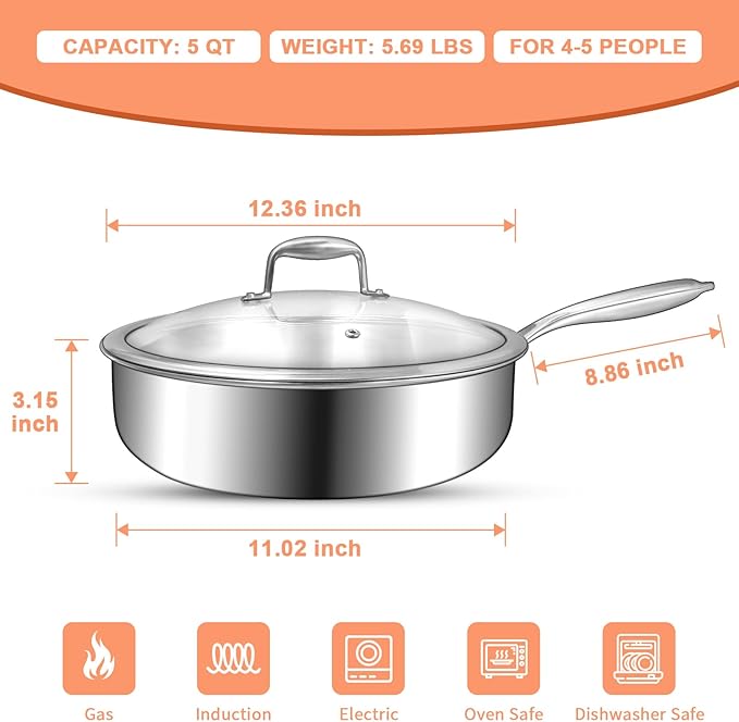 EWFEN 12 Inch Tri-Ply Stainless Steel Frying Pan, Deep Frying Pan with lids, Compatible with All Cooktops Up to 600℉, Induction Cooking Pan, Dishwasher and Oven Safe, Fast & Even Heat