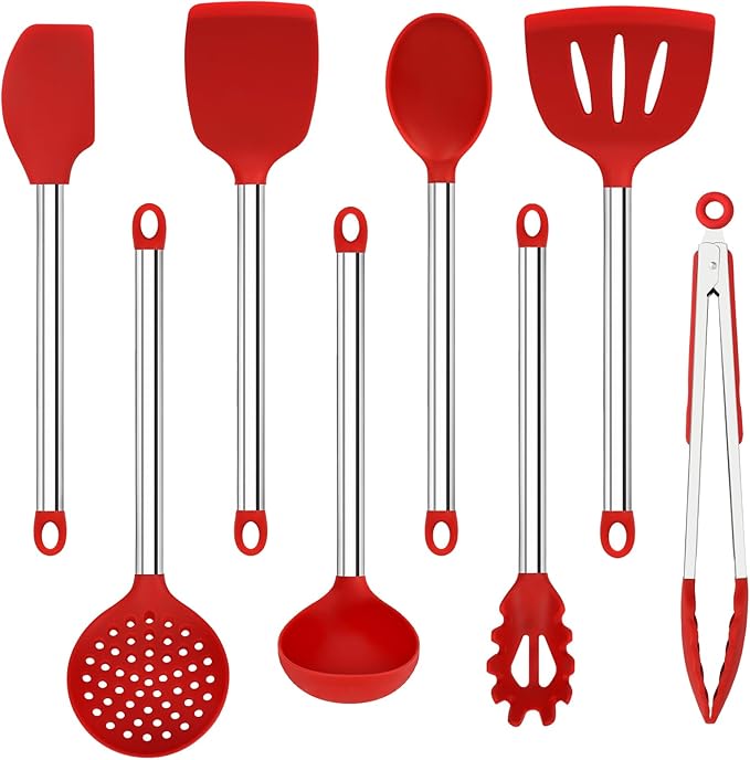 8 PCS Silicone Kitchen Utensils, Vayvnt Large Cooking Utensils Set for Nonstick Cookware, Silicone Spatula Set Includes Spoons and Tongs, Kitchen Essentials for Cooking & Baking, Dishwasher Safe, Red