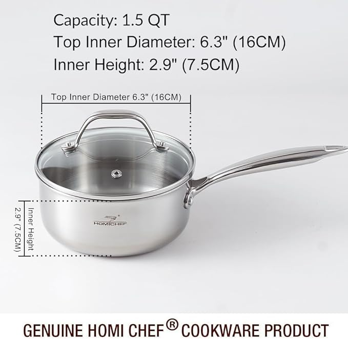 HOMICHEF Mirror Polished NICKEL FREE Stainless Steel 1.5 Quart / 6.5 Inch Sauce Pan with Glass Lid (No Toxic Non Stick Coating, Whole-Clad 3-Ply) Soup Pot Small Cooking Pot