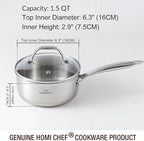 HOMICHEF Mirror Polished NICKEL FREE Stainless Steel 1.5 Quart / 6.5 Inch Sauce Pan with Glass Lid (No Toxic Non Stick Coating, Whole-Clad 3-Ply) Soup Pot Small Cooking Pot