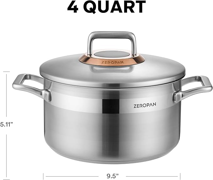 Hybrid Nonstick 4-Quart Stockpot,9.5 Inch Stainless Steel Stockpot with Lid,Non-stick Soup Pot,PFAS PFOA PTFE Free,Dishwasher-Friendly, Oven-Safe Up to 600°F,Compatible with All Cooktops