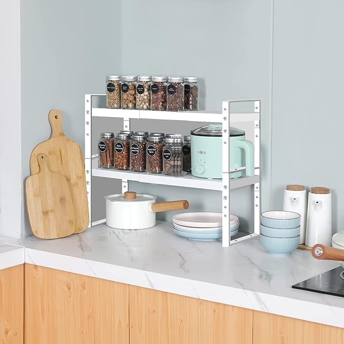 Expandable Stackable Spice Rack Cabinet Shelf Organizer in Cabinets Shelves Kitchen Cupboard Organization Stack up Racks Pantry Countertop Storage Medium/White 1 Pack