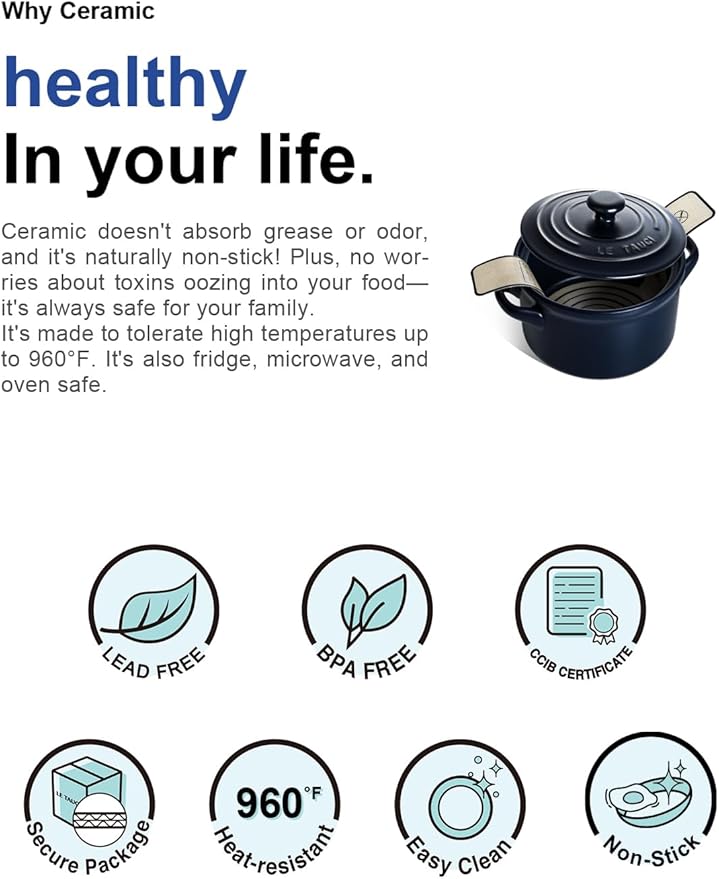 LE TAUCI 3 qt Ceramic Dutch Oven for Bread Baking with Silicone Sling- Lightweight, Non-Toxic, No Seasoning Needed- Oven, Microwave & Dishwasher Safe, Ideal for Home Bakers & Beginners, Midnight Blue