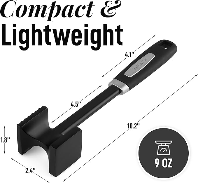 Zulay 10" Meat Tenderizer Hammer – Heavy-Duty Dual-Sided Mallet with Non-Slip Grip – Metal Meat Pounder for Tenderizing Beef, Chicken, Pork & More – Kitchen Tool for Cooking & BBQ - Black
