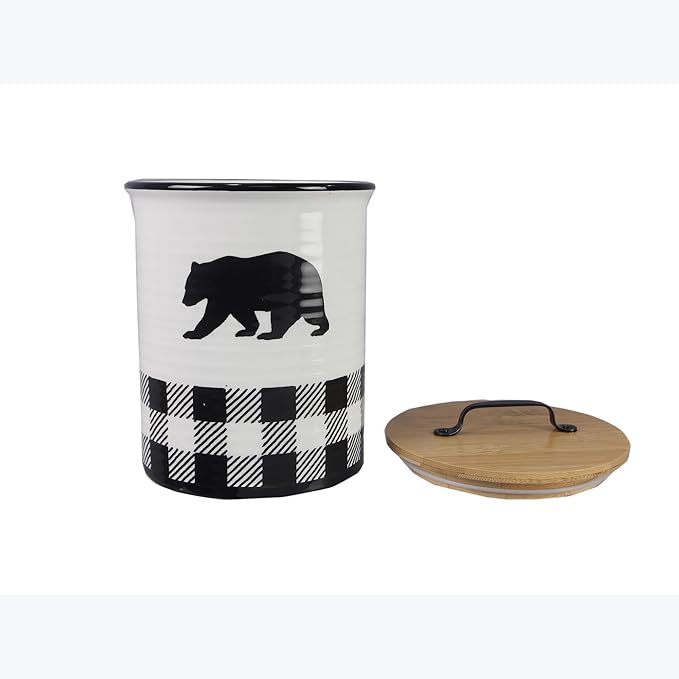 Young's Ceramic Treat Jar with Airtight Lid, Black and White Buffalo Plaid Bear Dog Treat Container, Decorative Cat Food Storage Canister