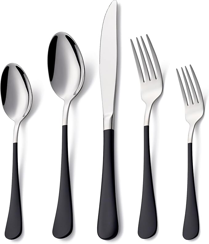 20 Piece Black 18/0 Flatware Utensil Set for 4, Include Dinner Knife,Dinner Forks,Dinner Spoons,Salad Forks,Teaspoons,Silverware Set for 4, Dishwasher Safe