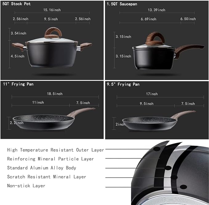 Pots and Pans Set Non Stick, Ceramic Cookware Set with Granite Pattern Kitchen Cooking Sets Induction Pot and Pan w/Frying Pans, Saucepans, Casserole, Non-Toxic, PTFE/PFOA/PFOS-Free, Black