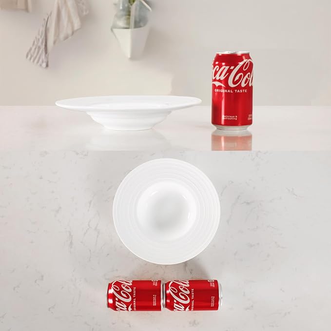 Ceramic Wide Rimmed Soup Plate, Soup Bowl 8 oz, Pasta Bowl Set of 4, White Shallow Bowl Plate with Rim, Best choice for high-end restaurants, hotels, and foodies, 9.6 Inch Coil relief