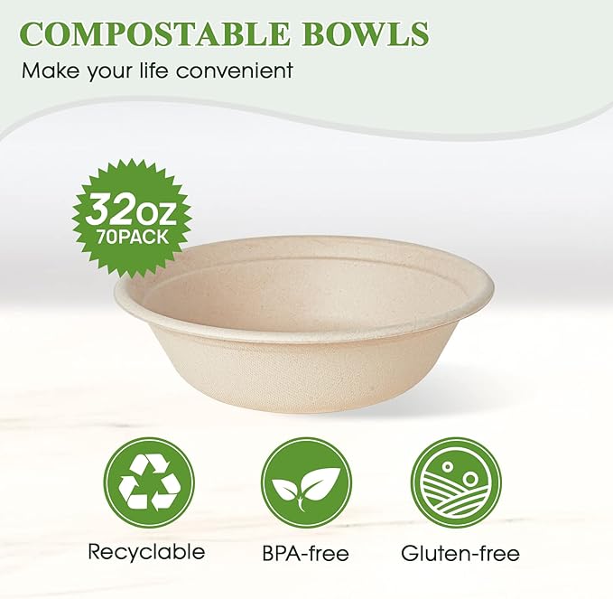 ECOLipak 32 OZ Large Compostable Disposable Paper Bowls, 70 Pack Biodegradable Bagasse Eco-Friendly Sugarcane Soup Bowls for Salad Wheat Flakes(Nature)