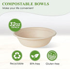 ECOLipak 32 OZ Large Compostable Disposable Paper Bowls, 70 Pack Biodegradable Bagasse Eco-Friendly Sugarcane Soup Bowls for Salad Wheat Flakes(Nature)