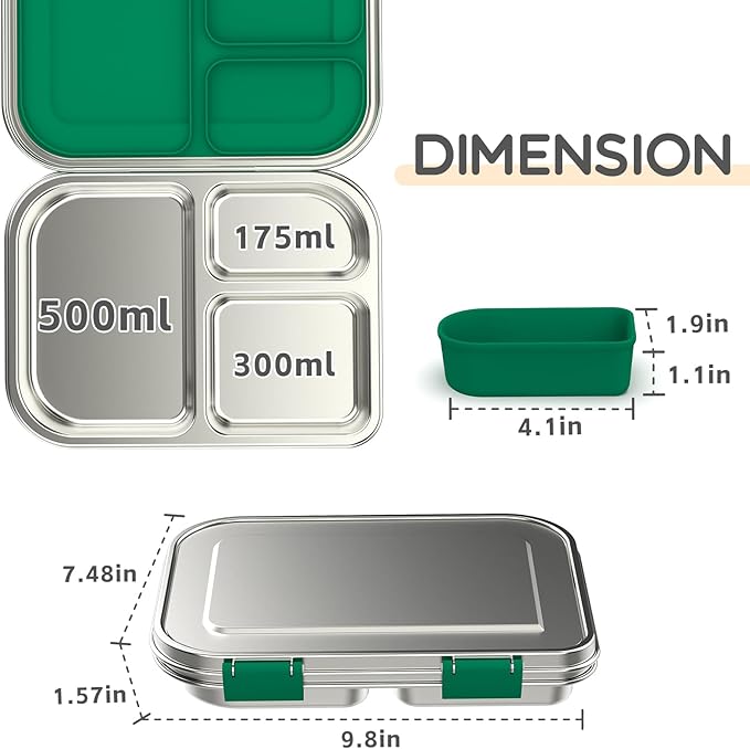 Stainless Steel Kids Leak-Resistant Bento Lunch Box, 3-Compartments with Silicone Container, Dishwasher-Safe, Child-Friendly Design for School, Picnics & Travel,BPA-Free (Green)